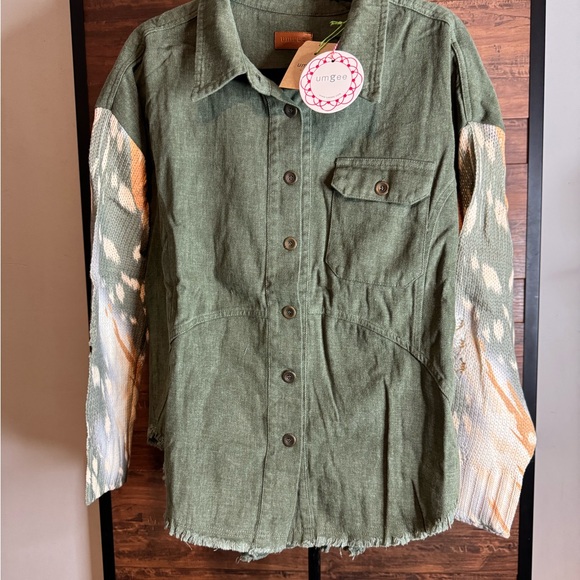 Umgee Tops - Umgee Olive Green Shirt with Distressed Sweater Sleeves